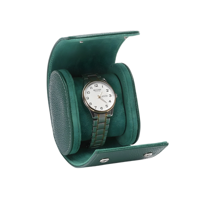 Green watch in a matching green case on a white background