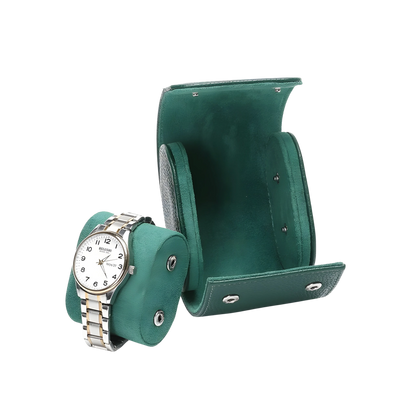 Green watch holder with a watch inside on a white background