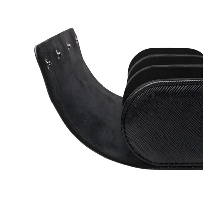 Black guitar case with a curved design on a white background
