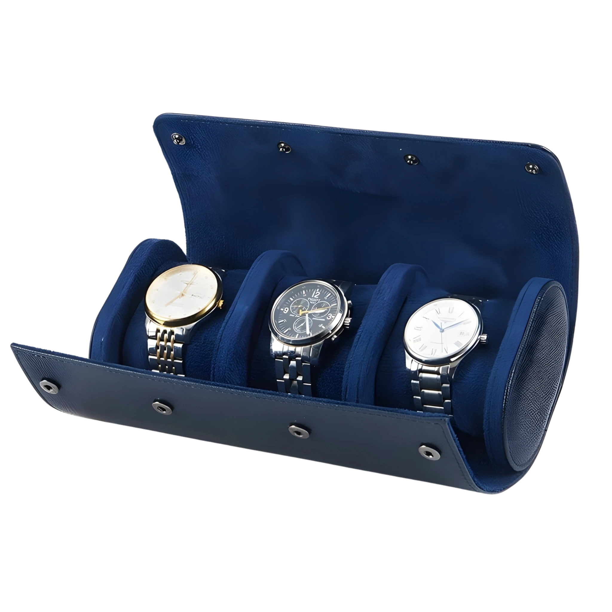 Blue watch holder with three watches on a white background