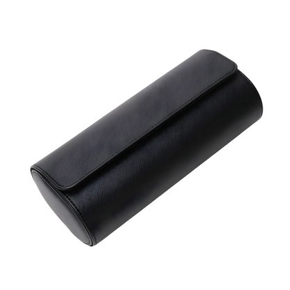 Black cylindrical leather case on a white background