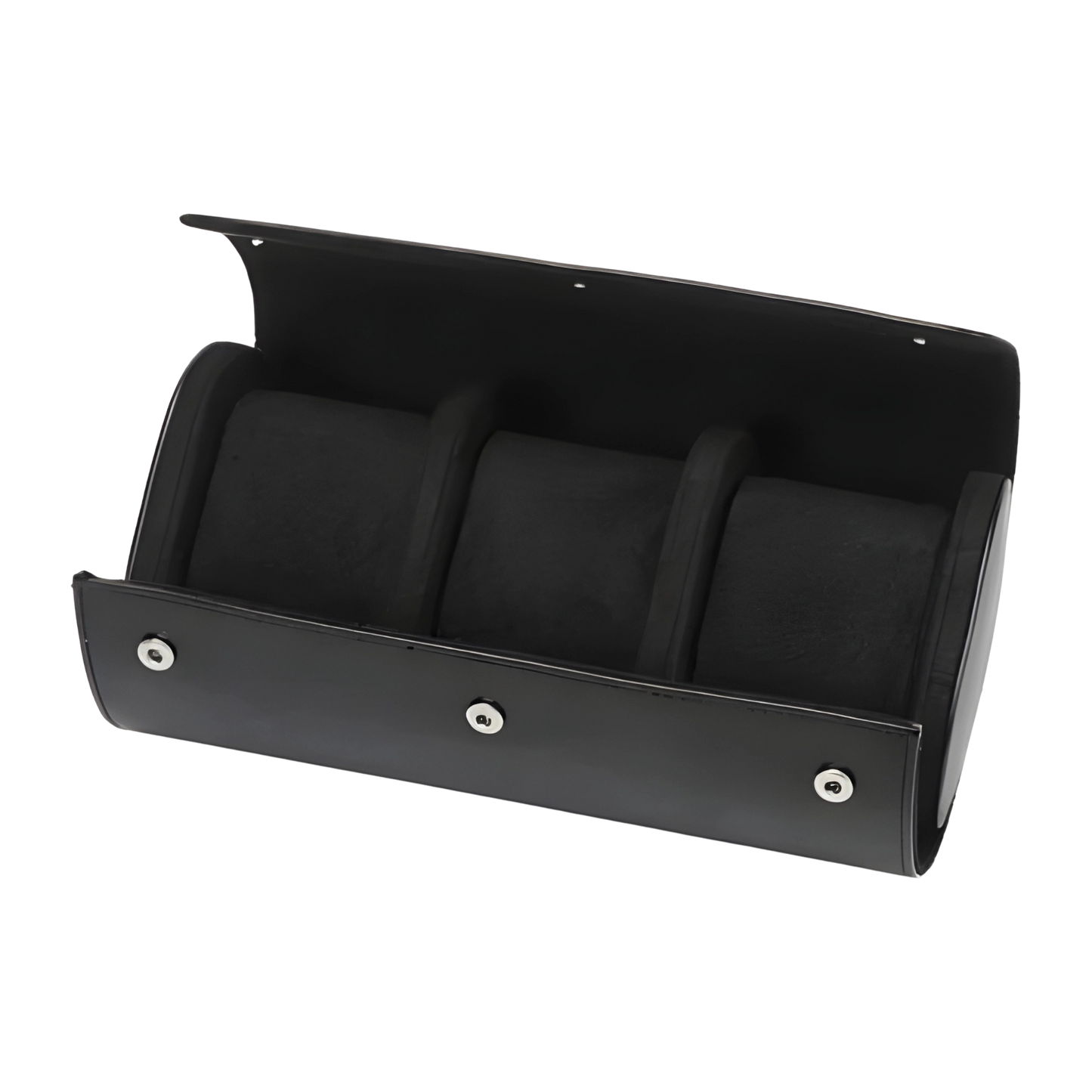 Black leather wallet with three compartments on a white background