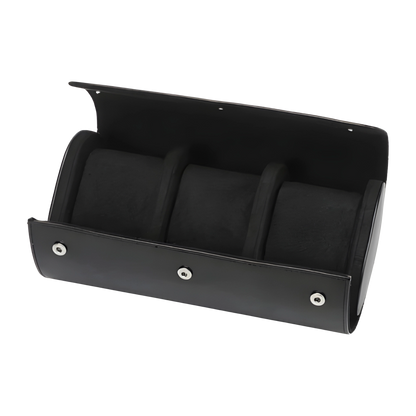 Black leather wallet with three compartments on a white background