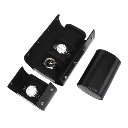 Black watch case with two watches inside on a white background