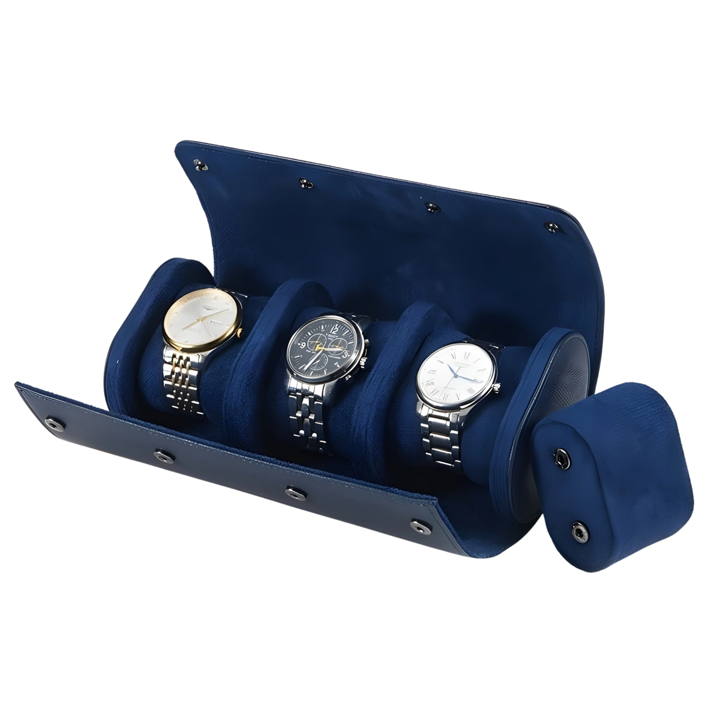 Blue watch holder with three watches on a white background