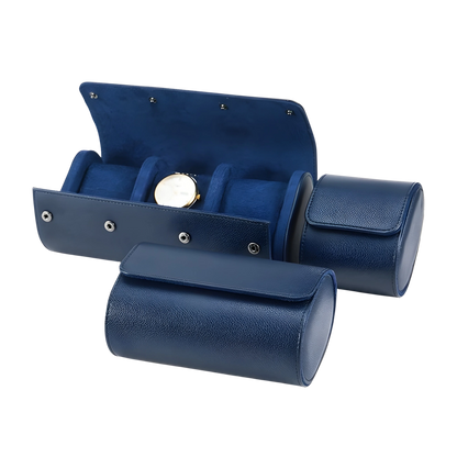 Blue leather watch case with a watch inside on a white background