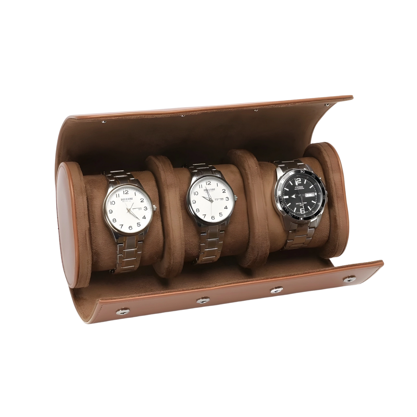Brown leather watch display case with three watches on a white background