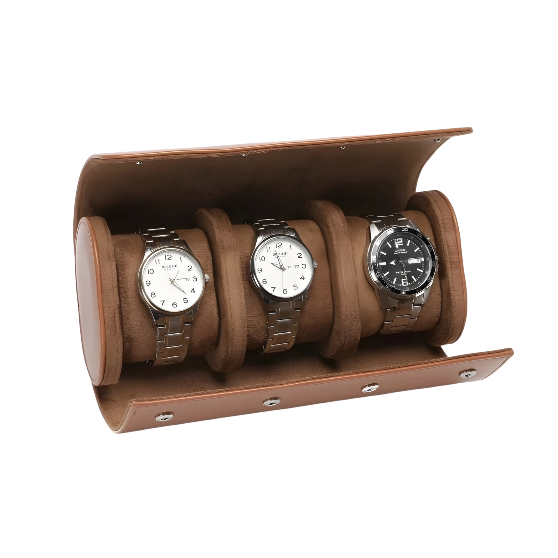 Brown leather watch display case with three watches on a white background