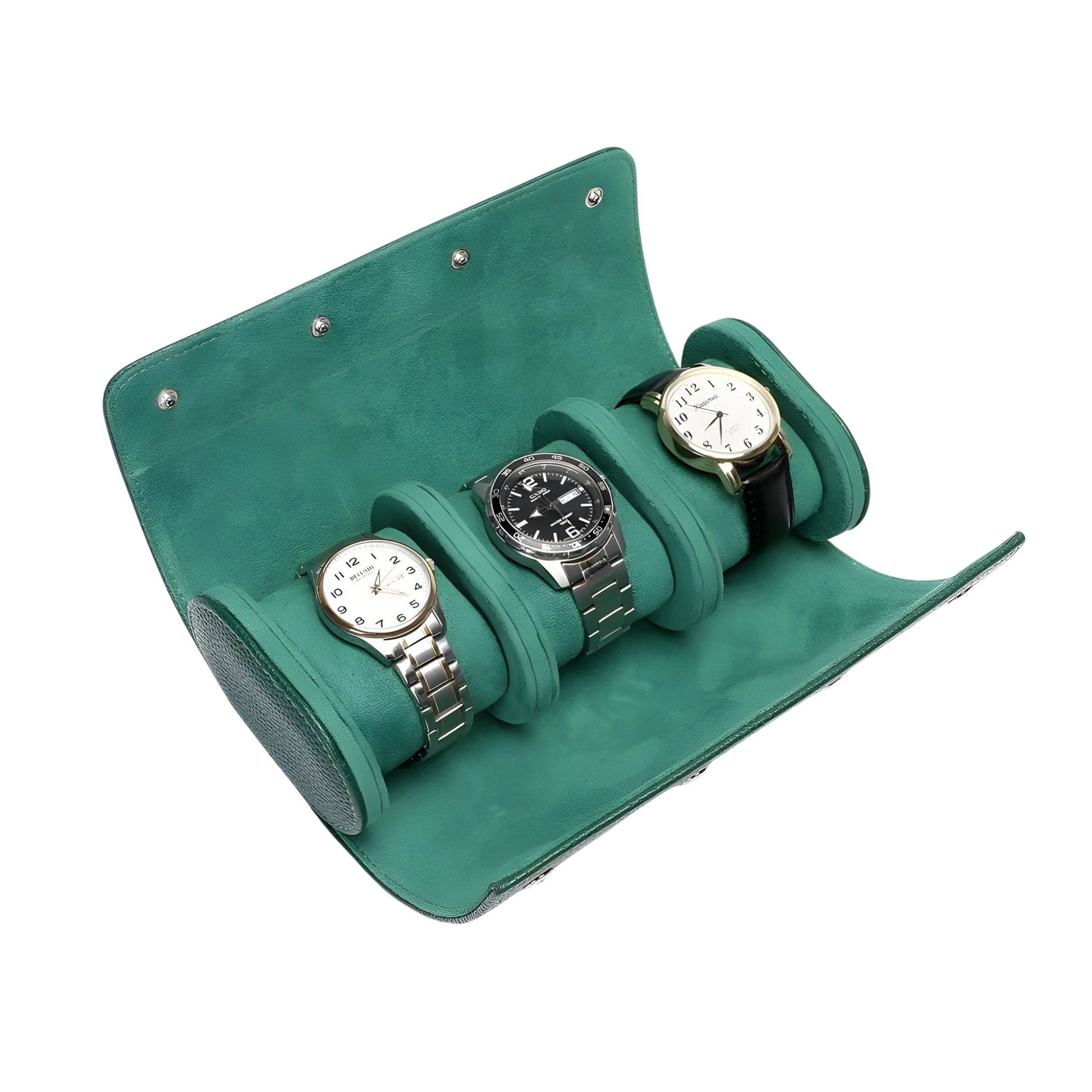 Green watch roll with three watches on a white background