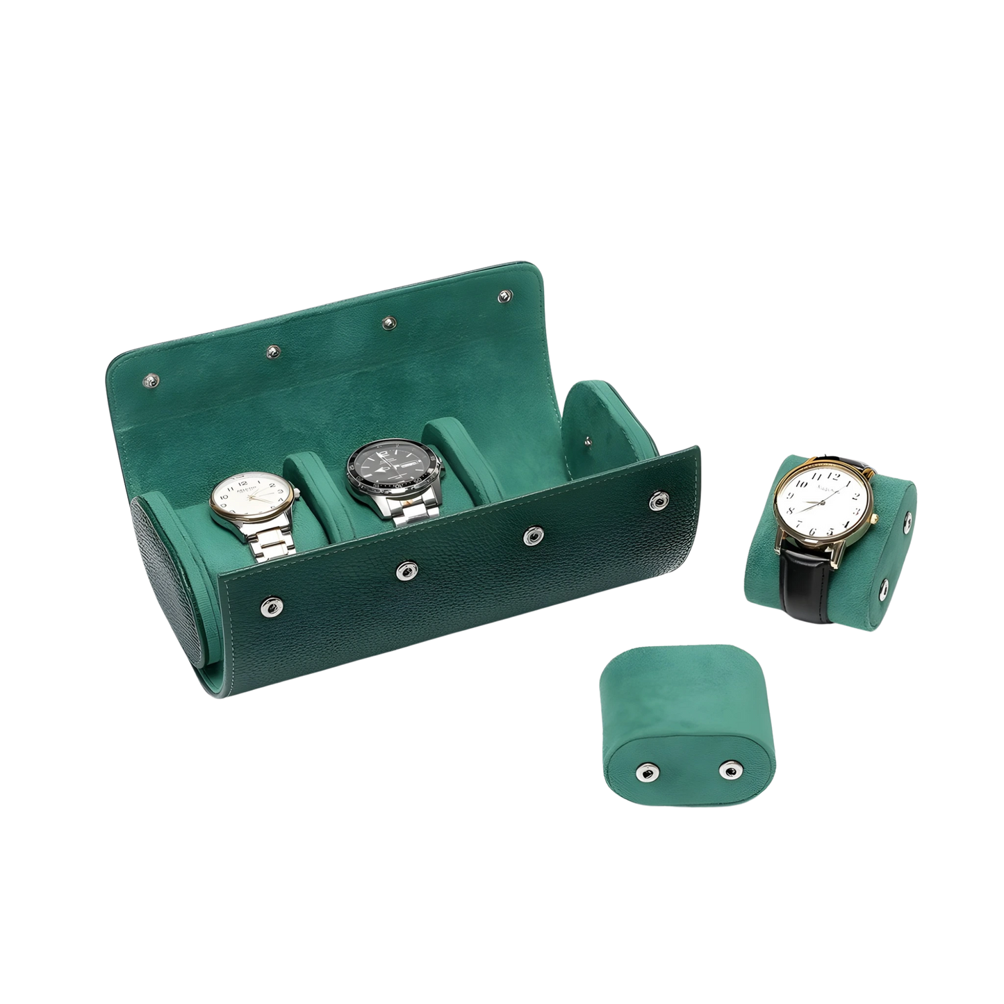 Green watch case with three watches on a white background