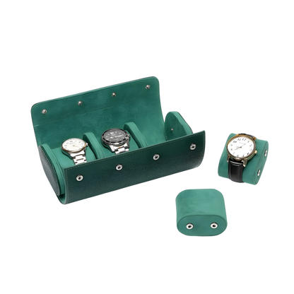 Green watch case with three watches on a white background